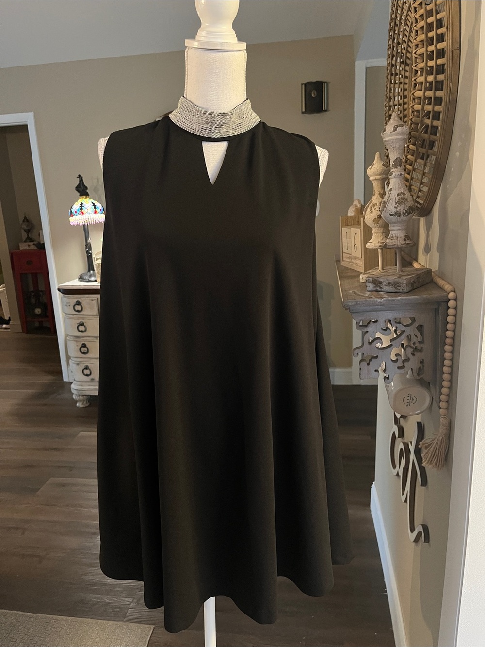 Gracia Black Sleeveless Mini Dress with Silver Metallic Collar
